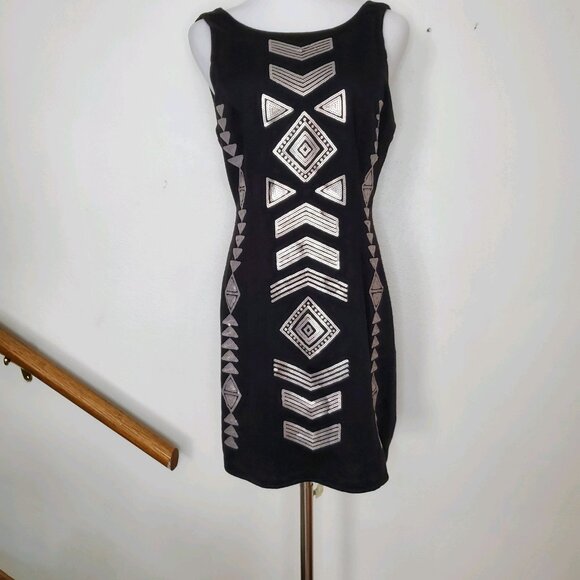 Design Lab Black Sleeveless Dress Large Geometric Tribal Print Partial Open Back - Picture 8 of 11